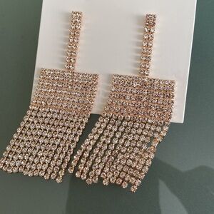 NEW Gold toned Rhinestone Curtain Drop Fringe Earrings